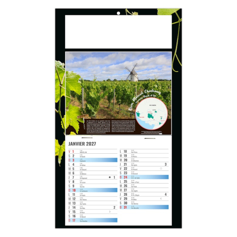 Calendrier annuel regroupant les douze mois sur une seule page avec illustrations de vignobles.