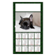 Calendrier illustré d’un bouledogue français noir sur canapé avec fond graphique à motifs canins