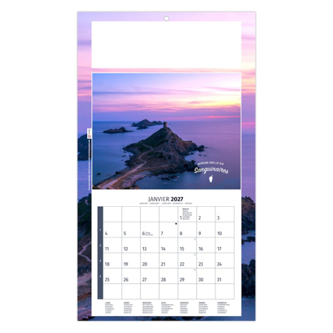 Calendrier illustré des îles Sanguinaires au coucher du soleil dans une ambiance thermale et bien-être.