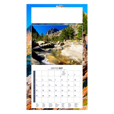 Calendrier illustré de la vallée de la Restonica avec rivière et montagnes corses.