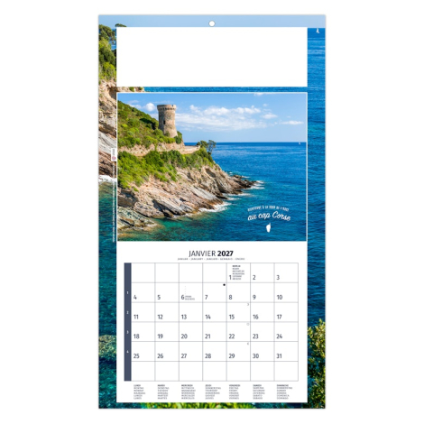 Calendrier illustré du Cap Corse avec tour génoise dominant un littoral rocheux.