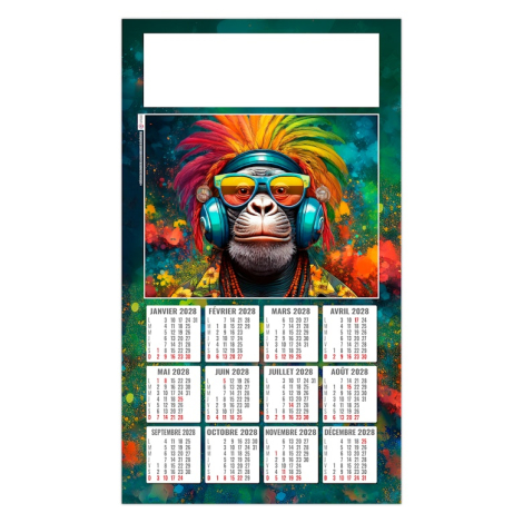 Calendrier illustré d’un singe pop art portant un casque audio et des lunettes colorées.