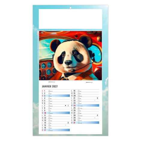 Calendrier illustré d’un panda pilote installé dans le cockpit d’un avion rétro.