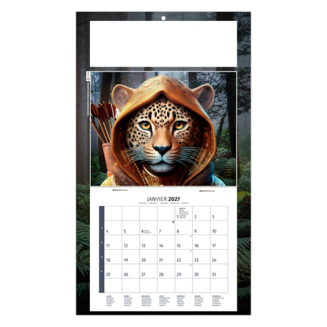 Calendrier illustré d’un léopard anthropomorphisé vêtu d’une cape dans un univers fantasy.