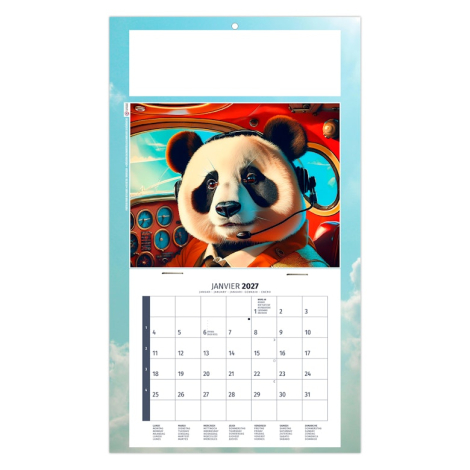 Calendrier illustré d’un panda pilote installé dans le cockpit d’un avion rétro.