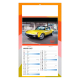 Calendrier illustré d’une Porsche 914 jaune dans un décor industriel.