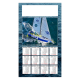 Calendrier publicitaire illustré d’un voilier de compétition sur fond maritime avec calendrier annuel.