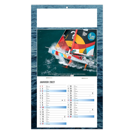Calendrier éphéméride personnalisé illustré d’un voilier multicolore en navigation avec zone de marquage.