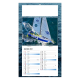 Calendrier publicitaire illustré d’un voilier de compétition sur fond maritime avec calendrier annuel.