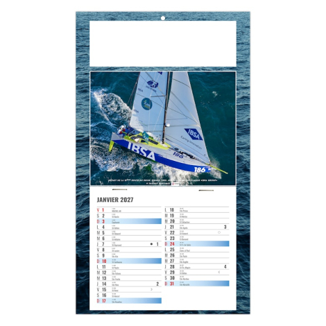 Calendrier publicitaire illustré d’un voilier de compétition sur fond maritime avec calendrier annuel.