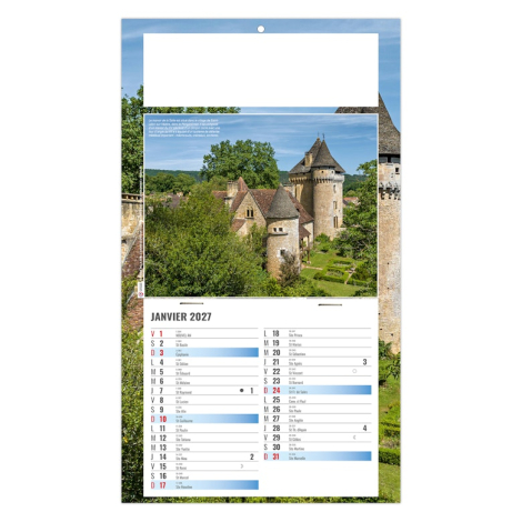 Calendrier éphéméride personnalisé illustré de bâtiments historiques et d’une tour patrimoniale.