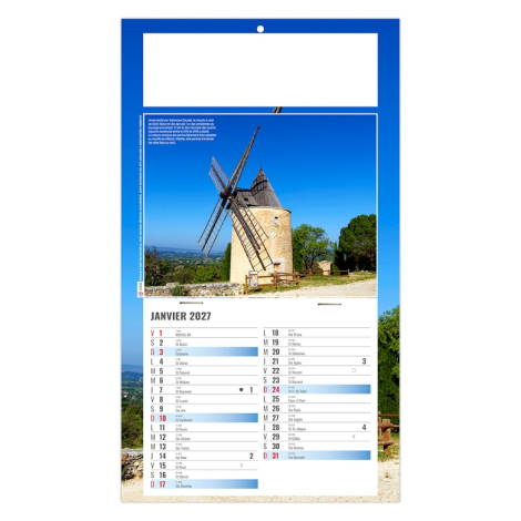 Calendrier publicitaire illustré d’un moulin en pierre dans un paysage rural français.