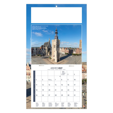 Calendrier publicitaire illustré d’un moulin en pierre dans un paysage rural français.