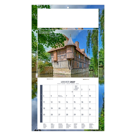 Calendrier personnalisé illustré d’une maison à colombages au bord de l’eau.