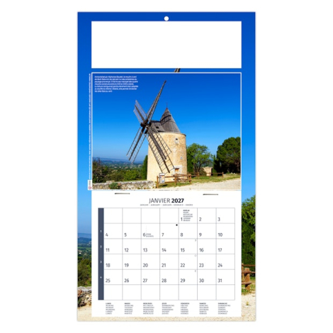 Calendrier publicitaire illustré d’un moulin en pierre dans un paysage rural français.