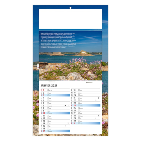 Calendrier publicitaire illustré d’un paysage côtier breton avec fleurs au premier plan et îlots en arrière-plan.