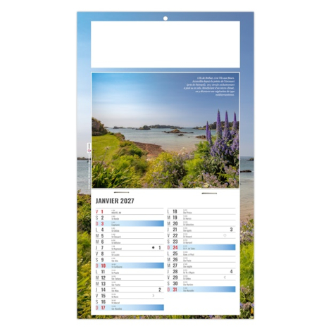 Calendrier personnalisé illustré d’un paysage côtier breton avec végétation fleurie au premier plan.