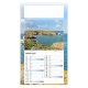 Calendrier publicitaire illustré d’un paysage côtier avec falaises, mer et îlot rocheux.
