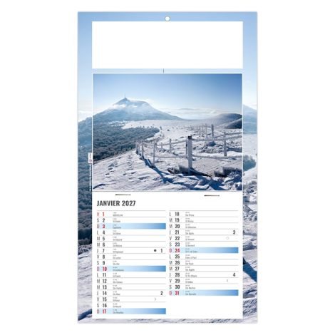 Calendrier éphéméride personnalisé illustré d’un paysage enneigé avec passerelle et relief montagneux.
