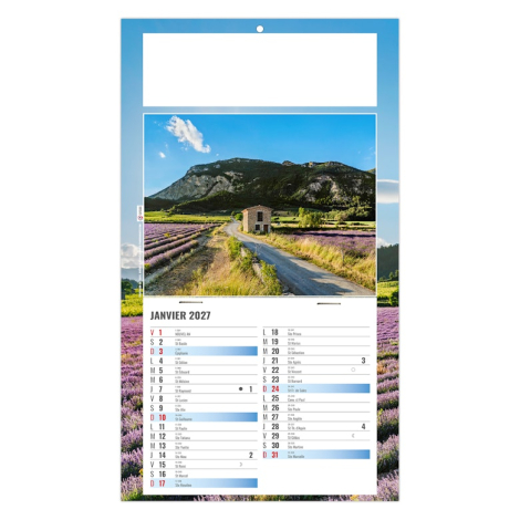 Calendrier publicitaire illustré d’un champ de lavande traversé par un chemin menant à un bâtiment provençal.
