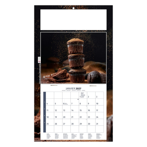 Calendrier éphéméride personnalisé illustré de pâtisseries empilées sur fond sombre.