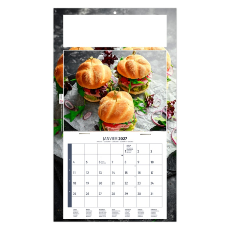 Calendrier publicitaire illustré de burgers garnis présentés dans une ambiance gourmande.