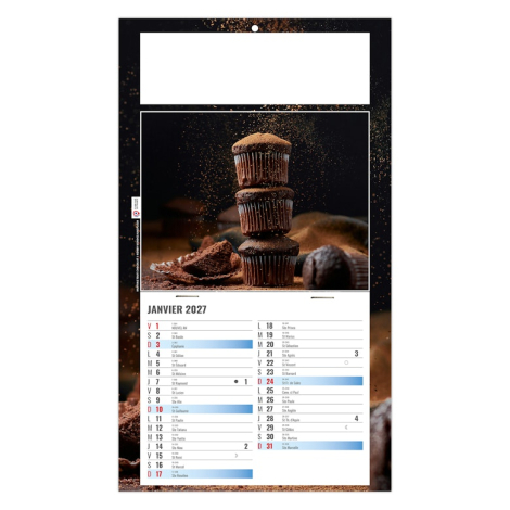 Calendrier éphéméride personnalisé illustré de pâtisseries empilées sur fond sombre.
