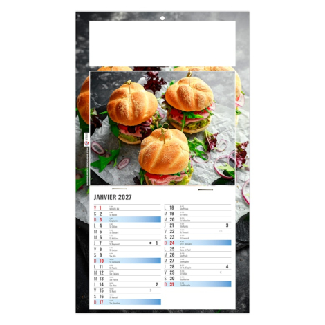 Calendrier publicitaire illustré de burgers garnis présentés dans une ambiance gourmande.