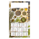 Calendrier publicitaire illustré de plantes séchées, fleurs, herbes et récipients sur table en bois.