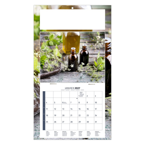 Calendrier publicitaire illustré de flacons en verre ambré entourés de végétaux et plantes naturelles.
