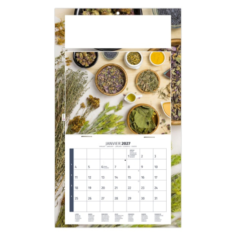 Calendrier publicitaire illustré de plantes séchées, fleurs, herbes et récipients sur table en bois.