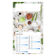 Calendrier personnalisé illustré d’ingrédients alimentaires et produits de bien-être sur fond clair.