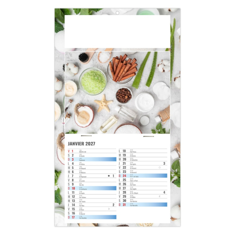Calendrier personnalisé illustré d’ingrédients alimentaires et produits de bien-être sur fond clair.