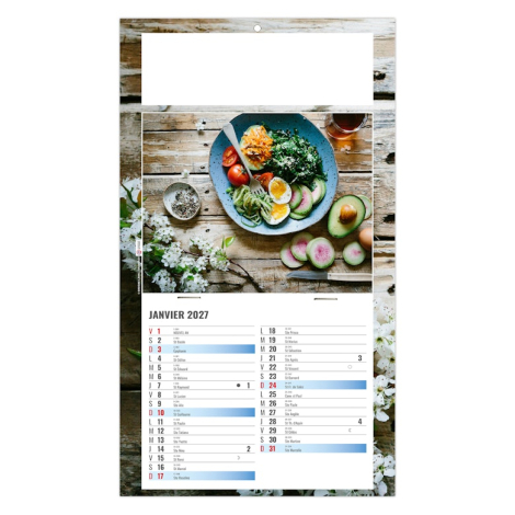 Calendrier publicitaire illustré d’une assiette composée de légumes, œufs et avocat sur table en bois.