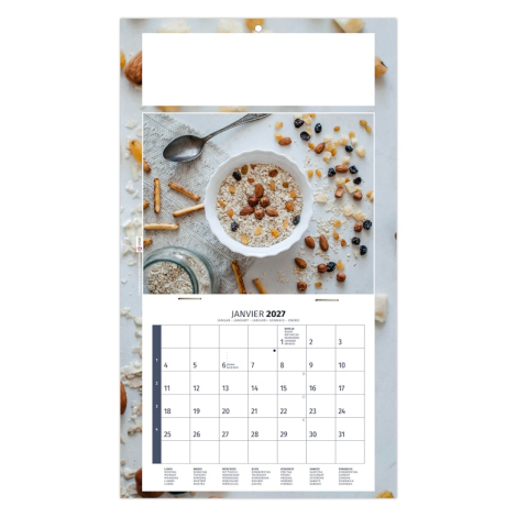 Calendrier publicitaire illustré d’un bol de céréales, fruits secs et oléagineux.