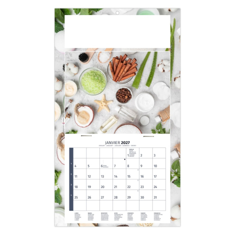Calendrier personnalisé illustré d’ingrédients alimentaires et produits de bien-être sur fond clair.