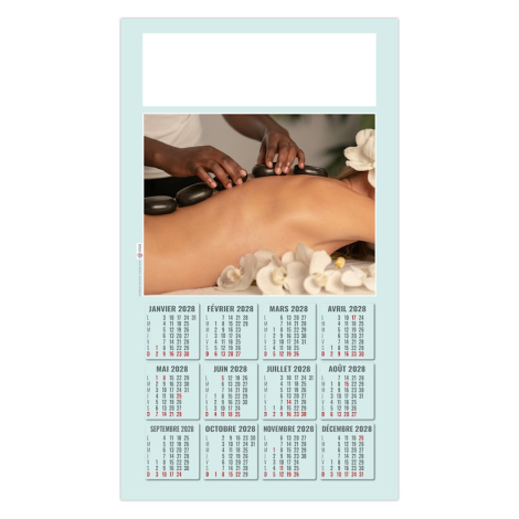 Calendrier personnalisé illustré d’un soin relaxant avec pierres chaudes posées sur le dos.