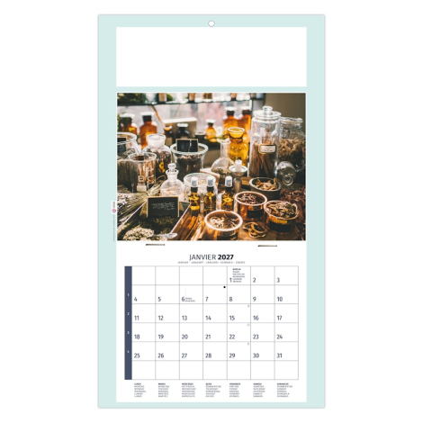 Calendrier éphéméride personnalisé illustré de flacons, bocaux et ingrédients dédiés au bien-être.