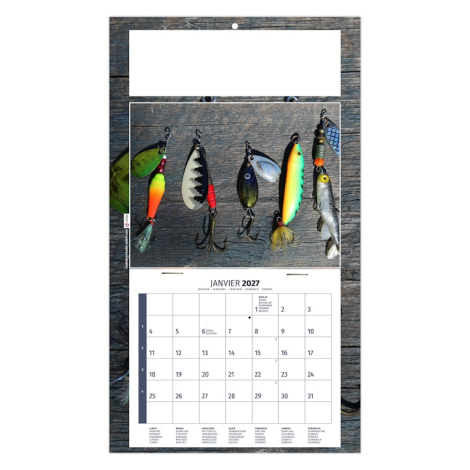 Calendrier personnalisé illustré de leurres de pêche colorés alignés sur une surface en bois.