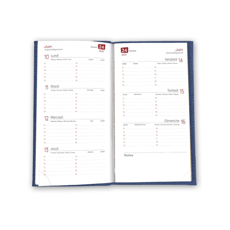 Intérieur d’agenda avec organisation journalière et plages horaires.