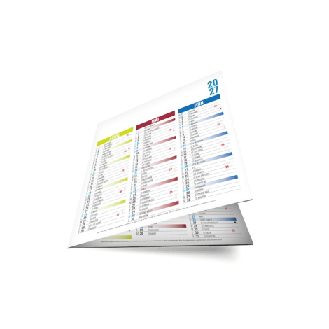 Calendrier de bureau pliable carré présenté partiellement fermé avec les mois d’avril à juin 2027 visibles