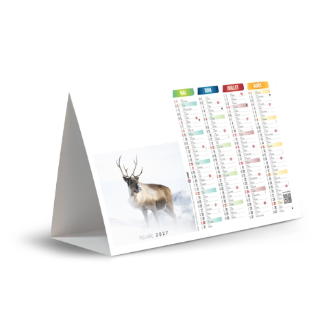 Calendrier chevalet illustré d’un renne sur fond hivernal avec deuxième quadrimestre 2027.