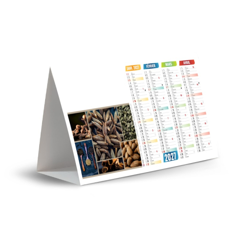 Calendrier chevalet Arômes illustré de graines, cannelle et épices naturelles.