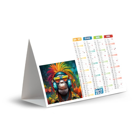 Calendrier chevalet Pop'art illustré d’un singe coloré avec casque audio.
