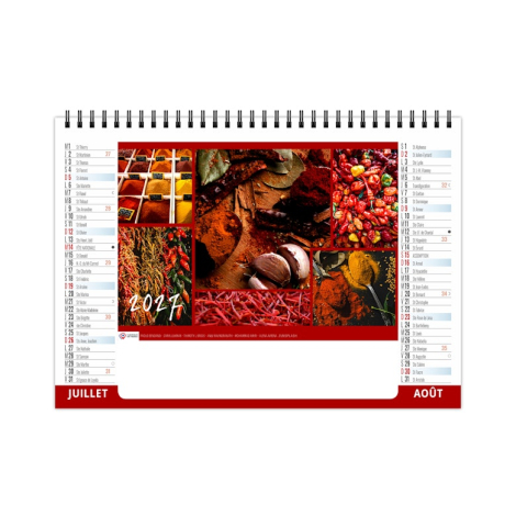 Chevalet de bureau illustré de piments, paprika, curry, ail et mélanges d’assaisonnements.