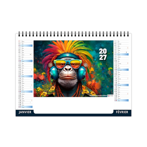 Chevalet de bureau illustré d’un singe aux plumes multicolores avec casque audio et lunettes colorées.