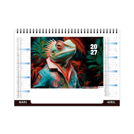 Chevalet de bureau illustré d’un caméléon stylisé portant une veste tropicale dans un univers aux couleurs vives.