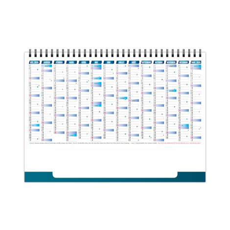 Calendrier chevalet publicitaire illustré d’un planning annuel 2027 sur fond blanc avec univers graphique pop’art coloré.