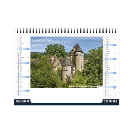 Chevalet de bureau illustré d’un château historique entouré de verdure dans un paysage français