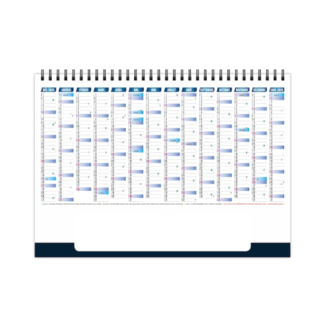 Calendrier chevalet publicitaire présentant le planning annuel complet 2027 sur fond blanc.